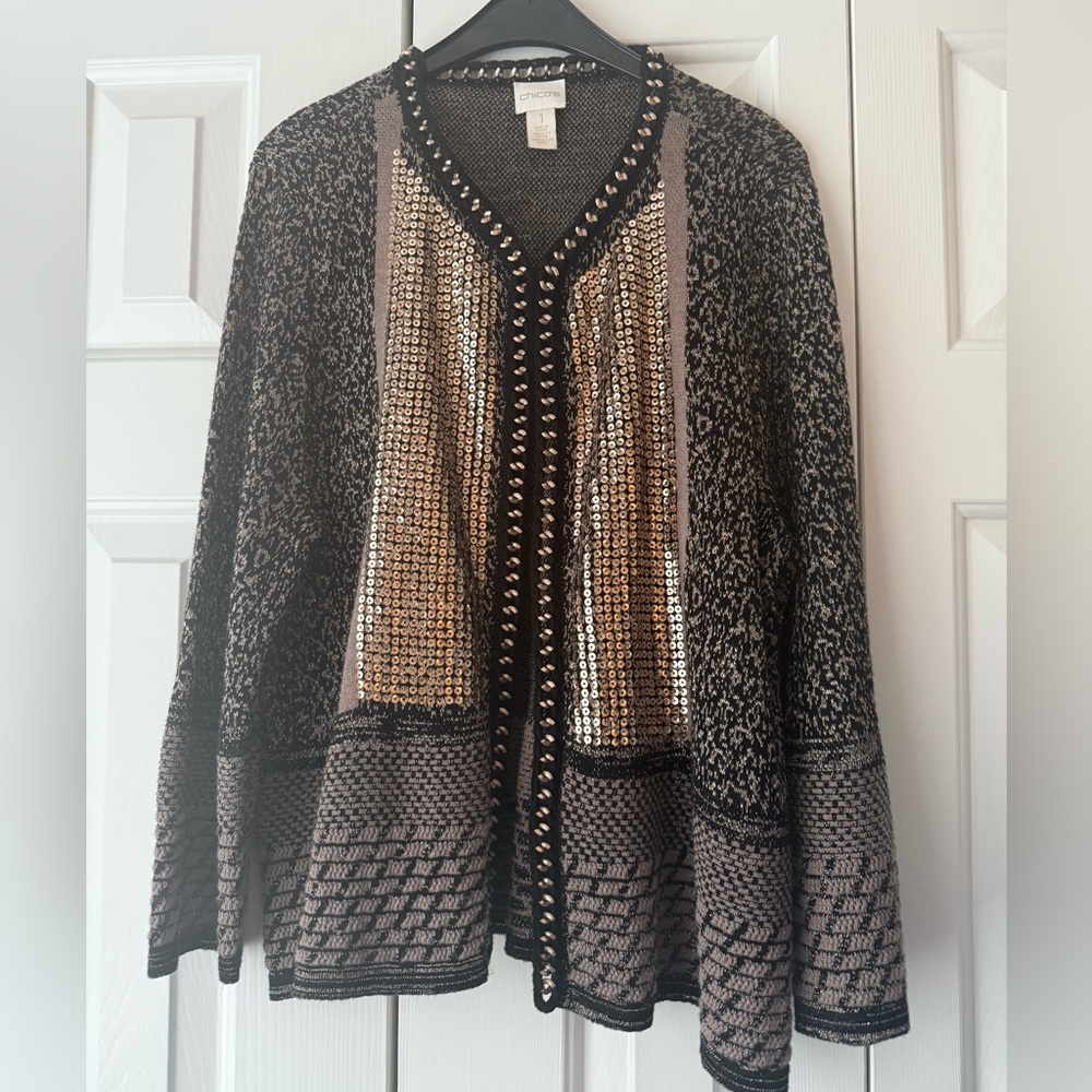 Chico's Black & Gold Sequin Sz 1 (Medium) Cardigan Sweater 3/4 length sleeve